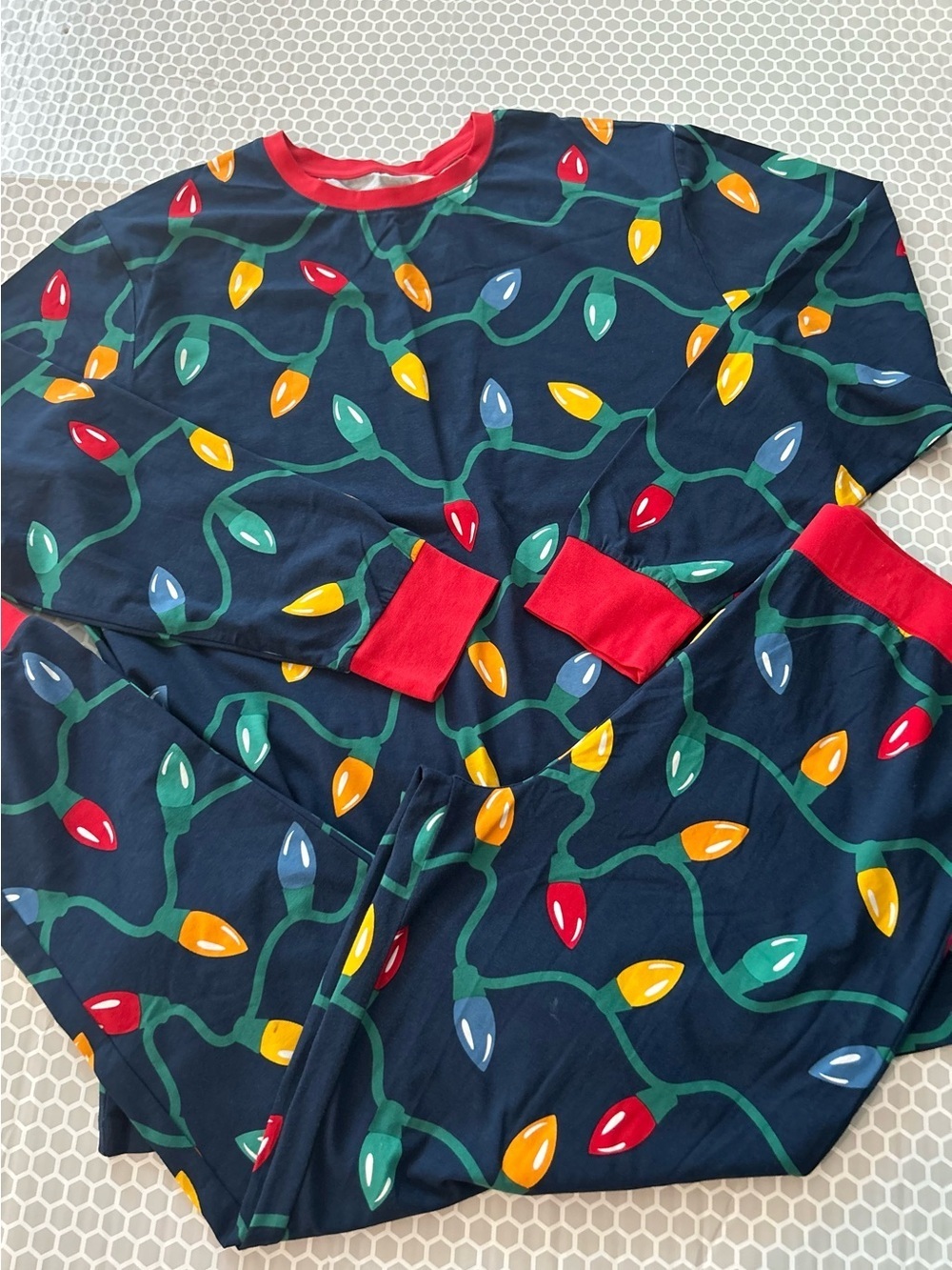 Pajamagram Navy Pajama Set with Festive Multi Color Light Print Red Trim. Size M